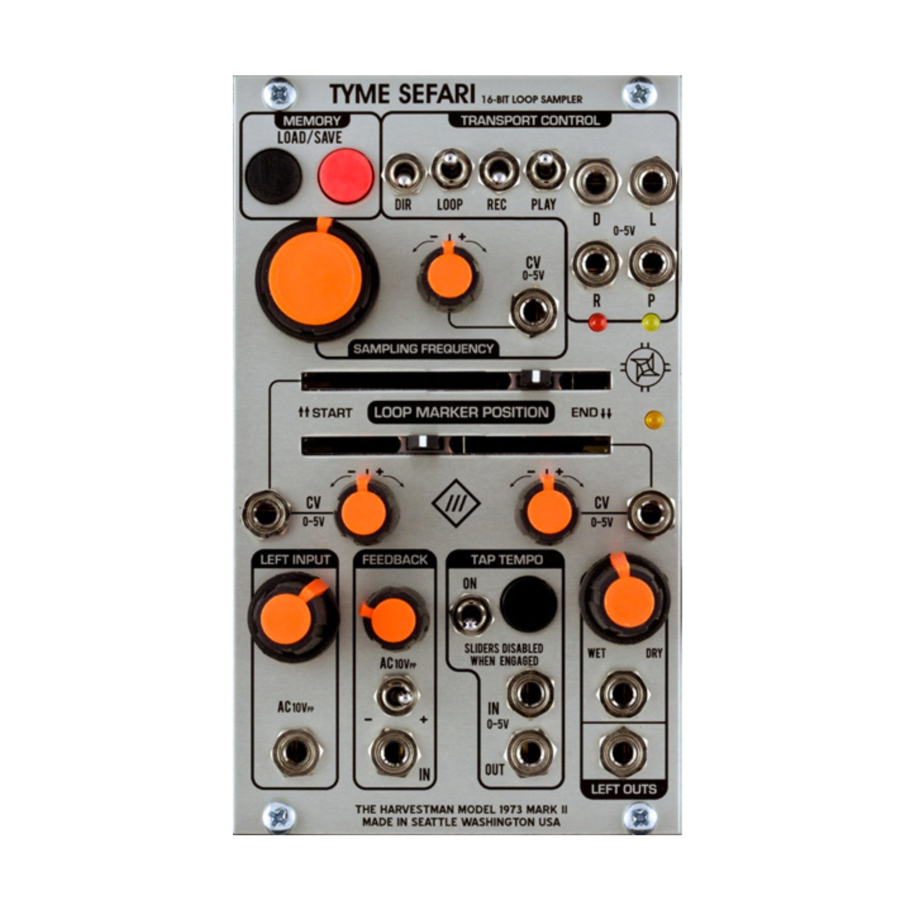 Front panel of a Tyme Sefari MKII 16-bit loop sampler module with knobs, sliders, buttons, toggles, and multiple jack connectors.