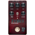 Red guitar fuzz pedal with five control knobs, one toggle switch, one footswitch, and input/output jacks.