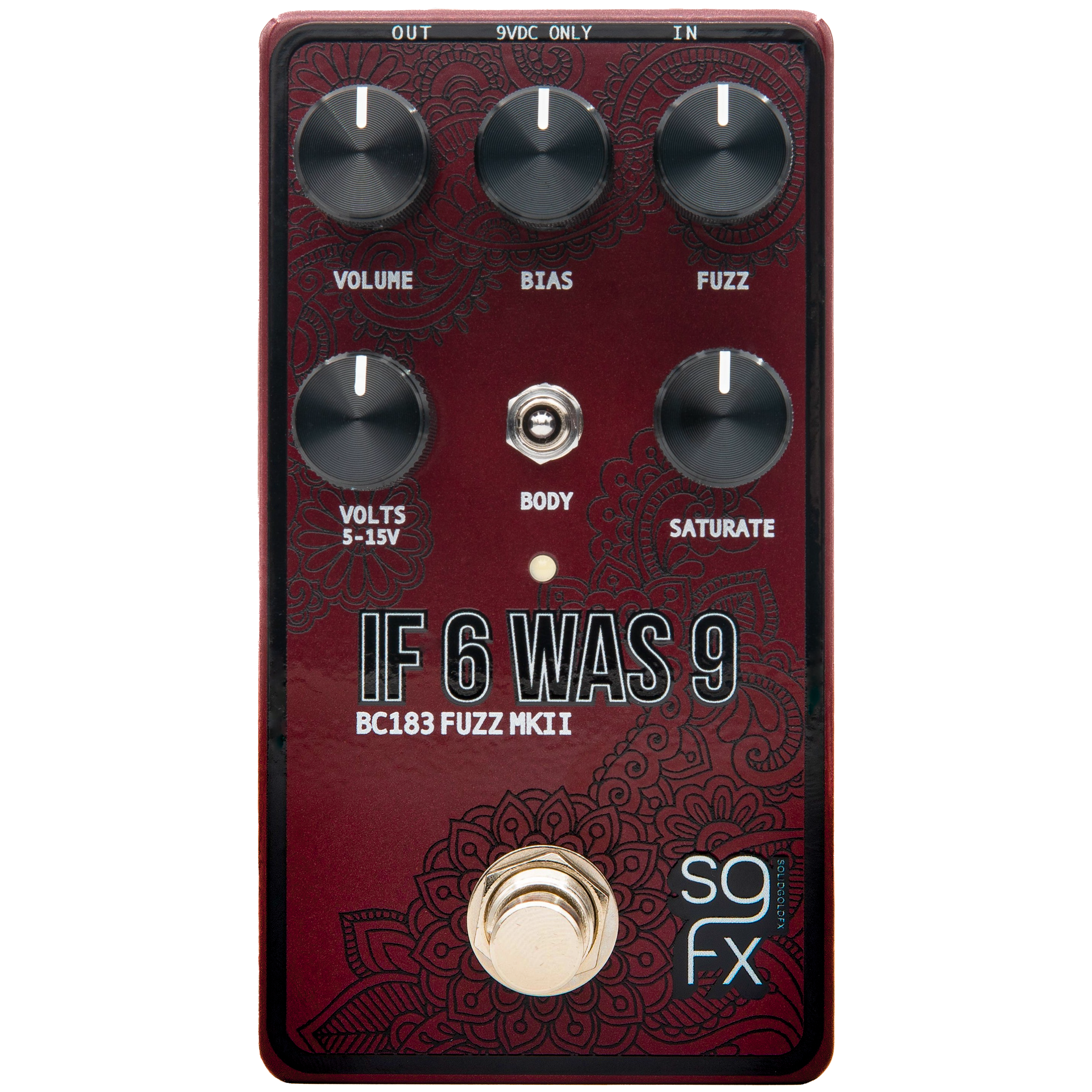 Red guitar fuzz pedal with five control knobs, one toggle switch, one footswitch, and input/output jacks.