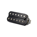 Black dual-coil electric guitar humbucker pickup with metal pole pieces and attached wire.