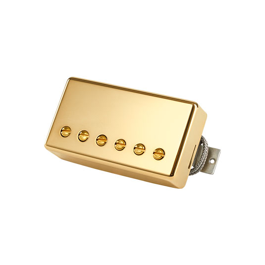 Gold-colored guitar humbucker pickup with six adjustable screw poles and braided wire connector.