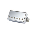 Chrome guitar pickup with six adjustable pole pieces and attached wire.