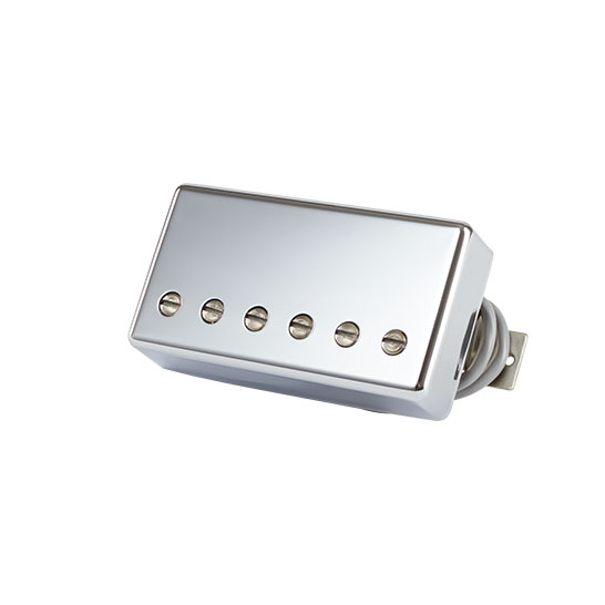 Chrome guitar pickup with six adjustable pole pieces and attached wire.