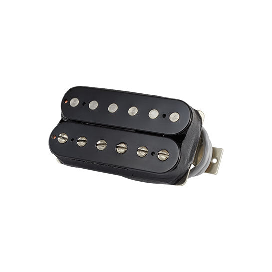 Black double-coil guitar pickup with six adjustable pole screws and attached wires.