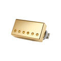 Gold guitar pickup with six adjustable screws and white wires attached to a silver mounting bracket.