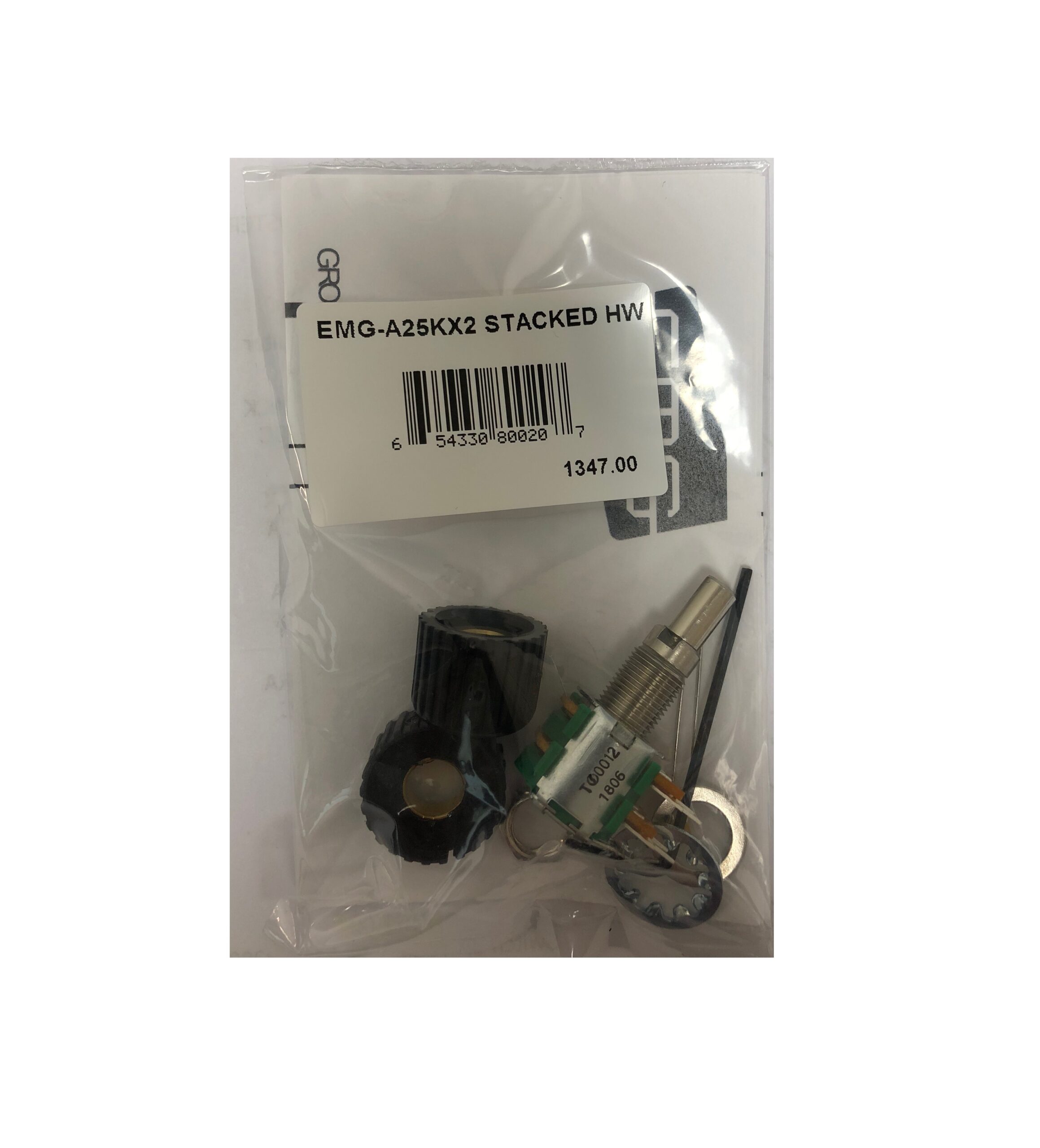 Potentiometer with two black control knobs and mounting hardware in clear plastic bag.