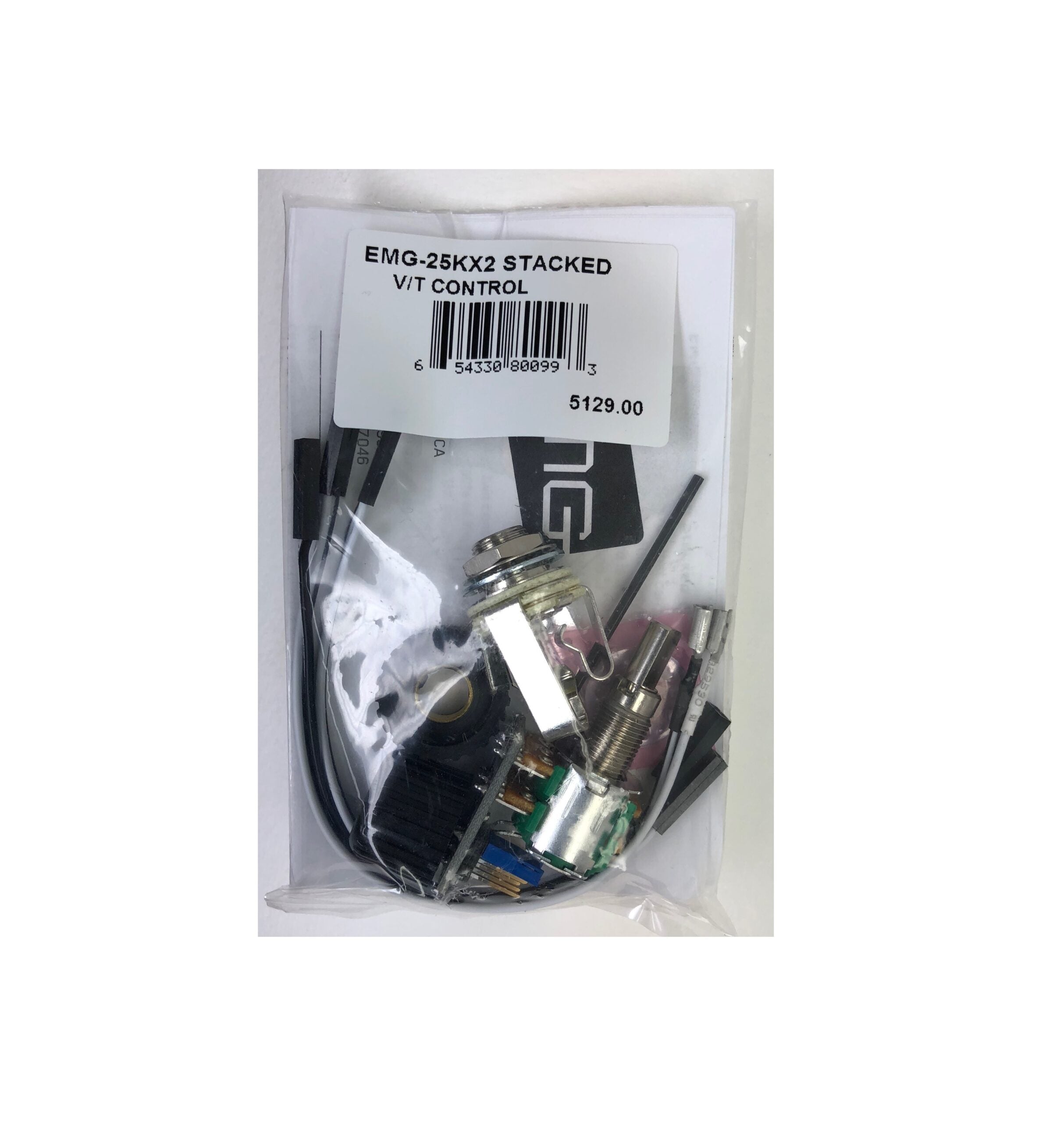 Plastic bag containing an EMG stacked potentiometer kit with wires and hardware labeled EMG-25KX2 STACKED V/T CONTROL