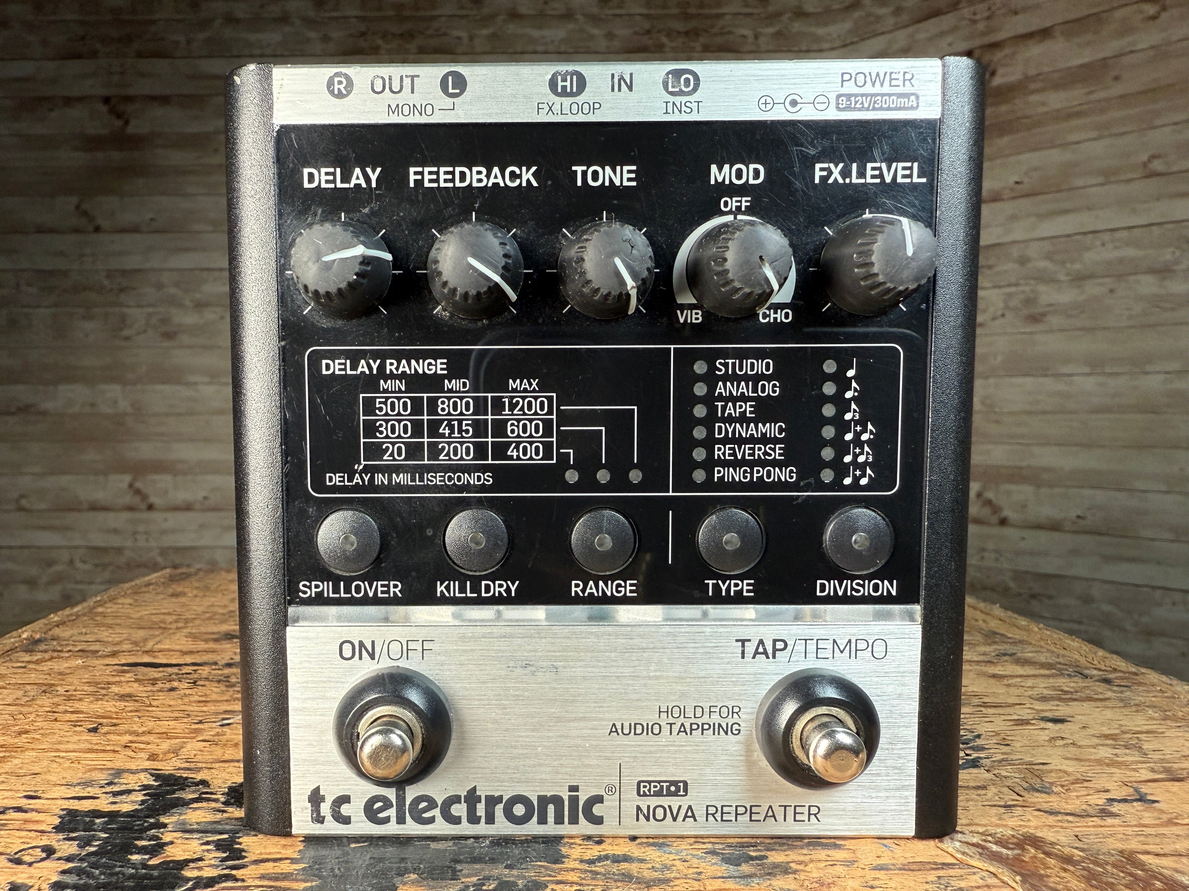 Front view of a tc electronic RPT-1 Nova Repeater delay effects pedal with knobs and footswitches.