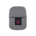 Light gray fabric cover with a black and red logo patch on the front.