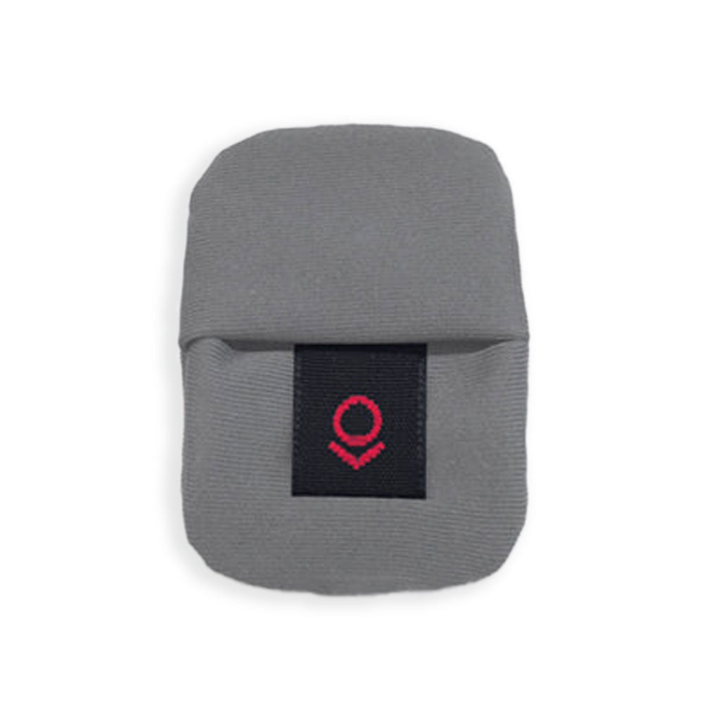 Light gray fabric cover with a black and red logo patch on the front.
