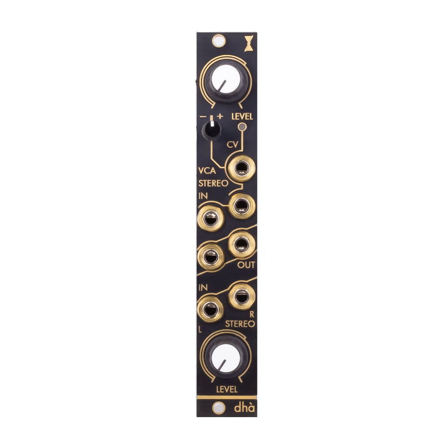 Black eurorack module with gold accents, two knobs, one switch, and six 3.5mm jacks labeled for stereo input and output.