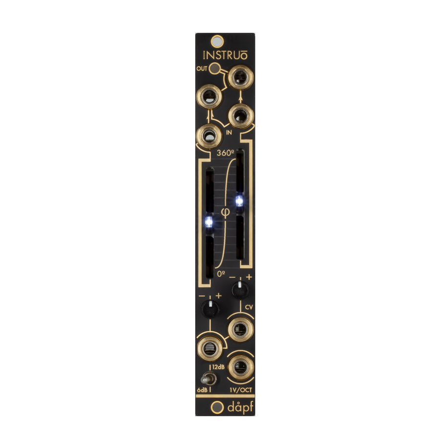 Black Eurorack module with gold accents featuring sliders, knobs, jacks, and a small toggle switch.