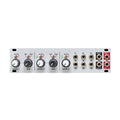 Silver eurorack module with three level knobs, toggle switches, and multiple 1/4 inch audio jacks.