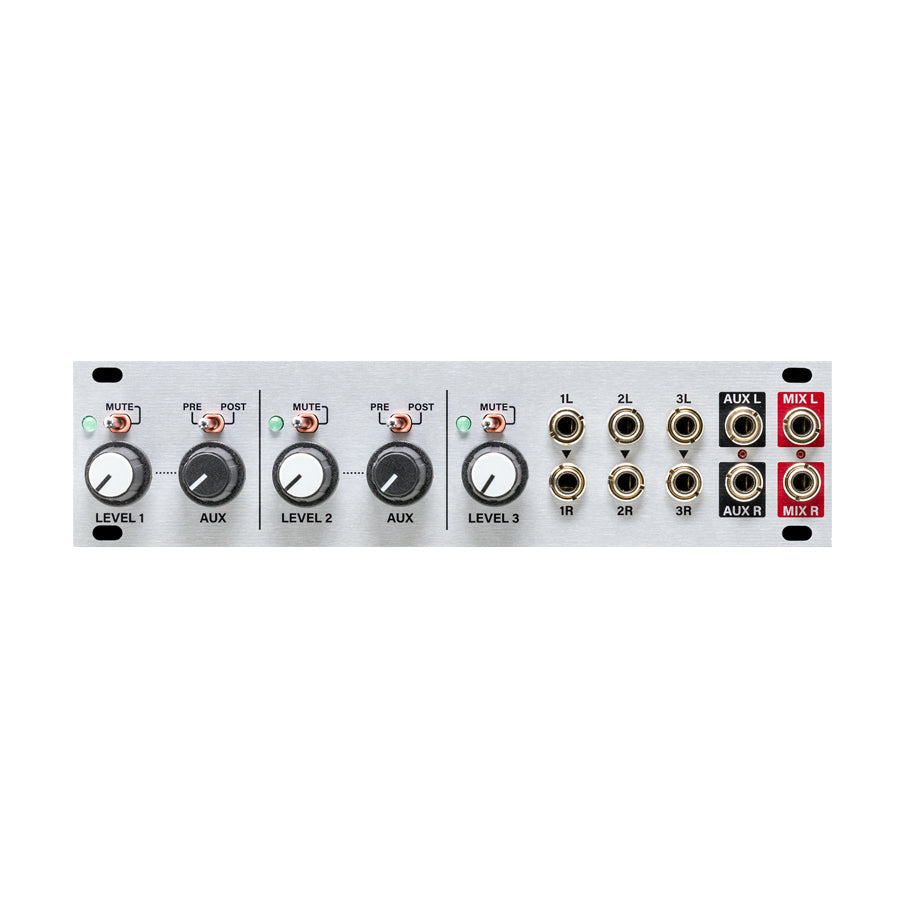 Silver eurorack module with three level knobs, toggle switches, and multiple 1/4 inch audio jacks.