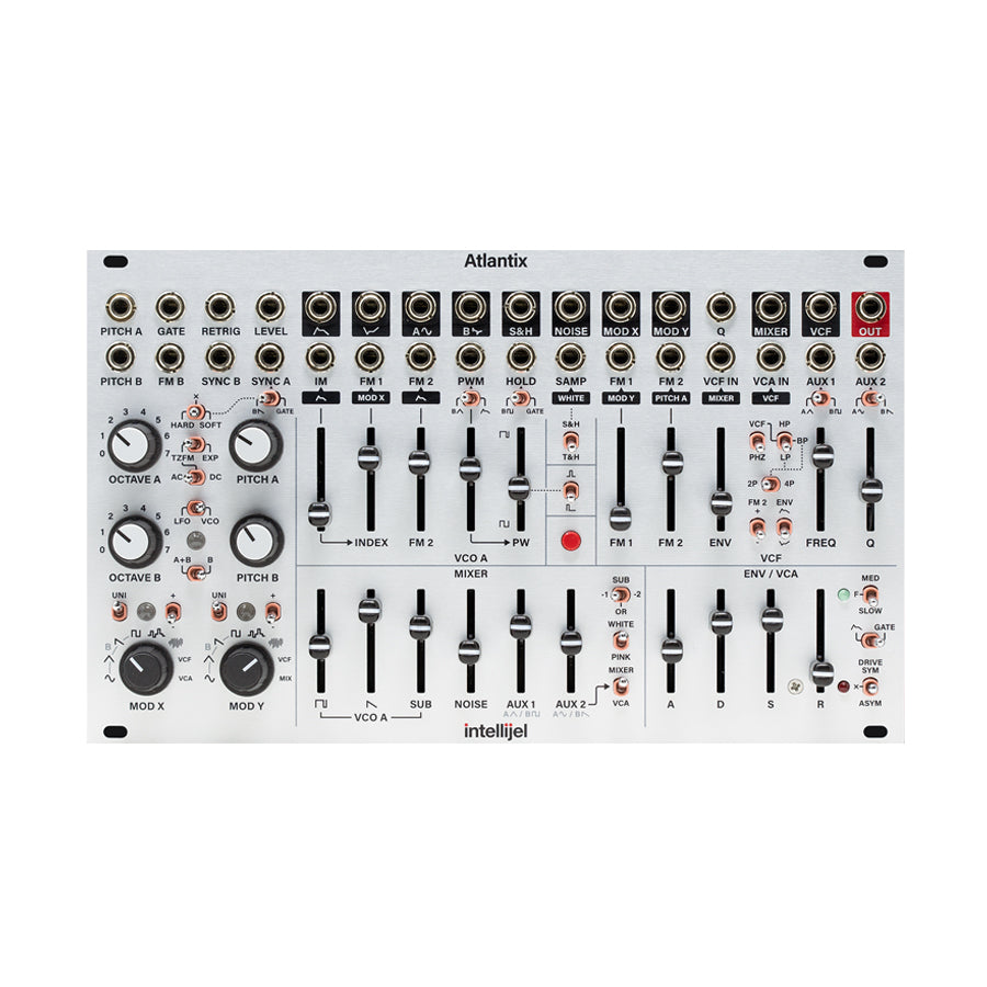 Front view of an Intellijel Atlantix eurorack module with knobs, sliders, switches, and multiple jacks.