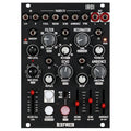 Top-down view of a Befaco Iroi module showing knobs, sliders, buttons, jacks, and labeled controls on black panel.
