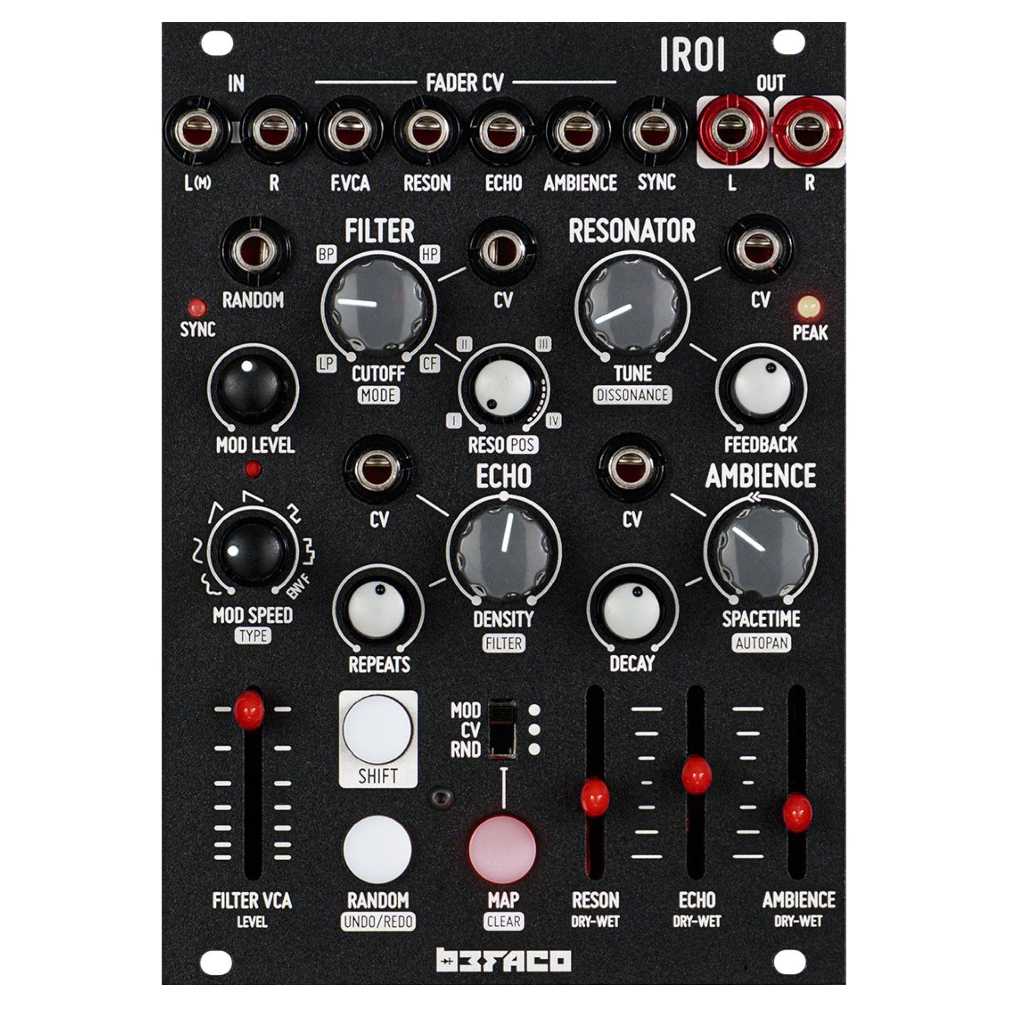 Black modular synthesizer panel with multiple knobs, sliders, jacks, and buttons labeled for filter, resonator, echo, and ambience effects.