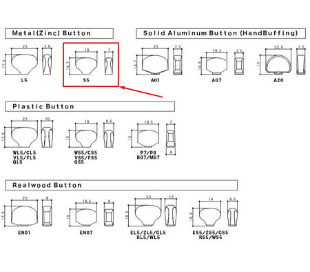 Technical line drawing diagram showing dimensions and styles of various tuner button types and codes.