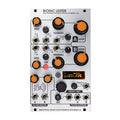 Front view of a silver Eurorack module with black and orange knobs, multiple input/output jacks, and a small display screen.