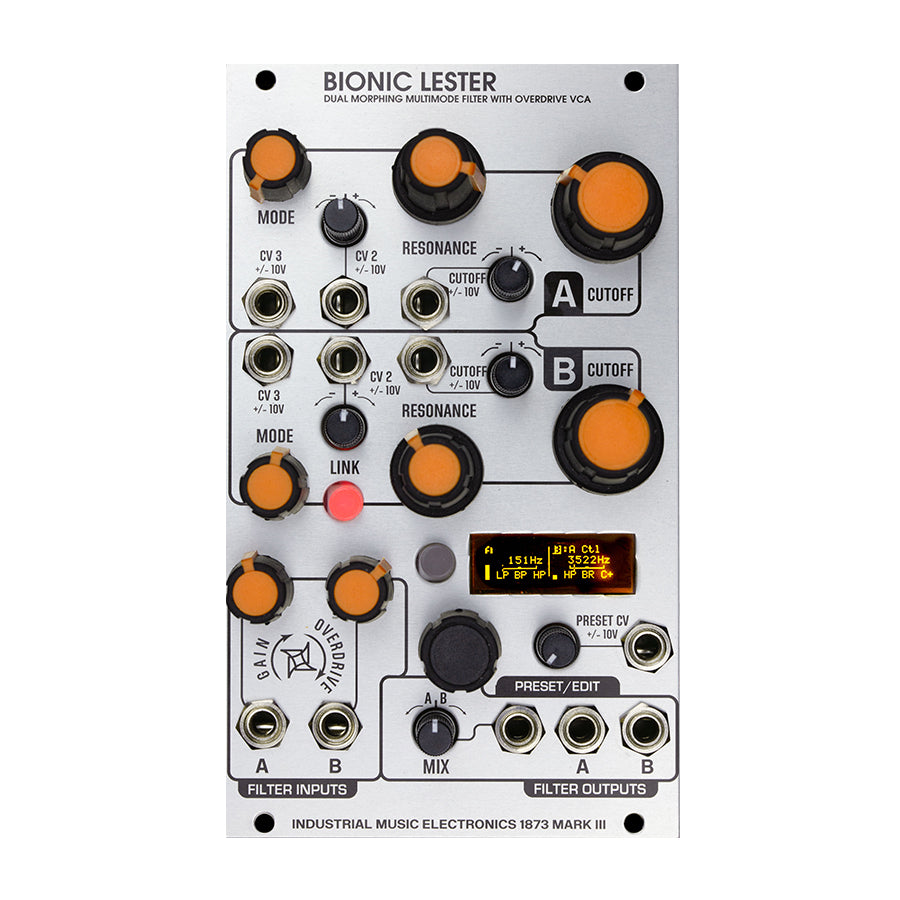 Front view of a silver Eurorack module with black and orange knobs, multiple input/output jacks, and a small display screen.