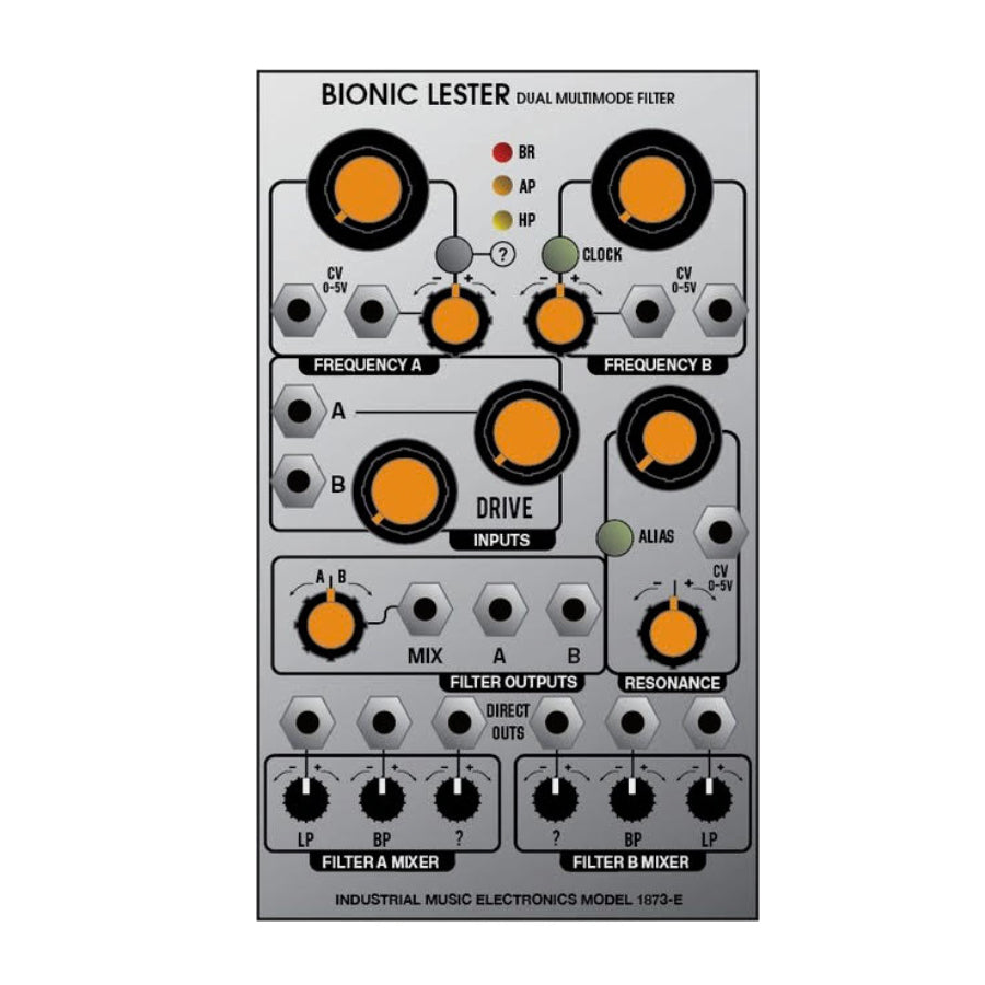 Front panel of Bionic Lester dual multimode filter module with knobs, switches, and multiple 3.5mm jacks.