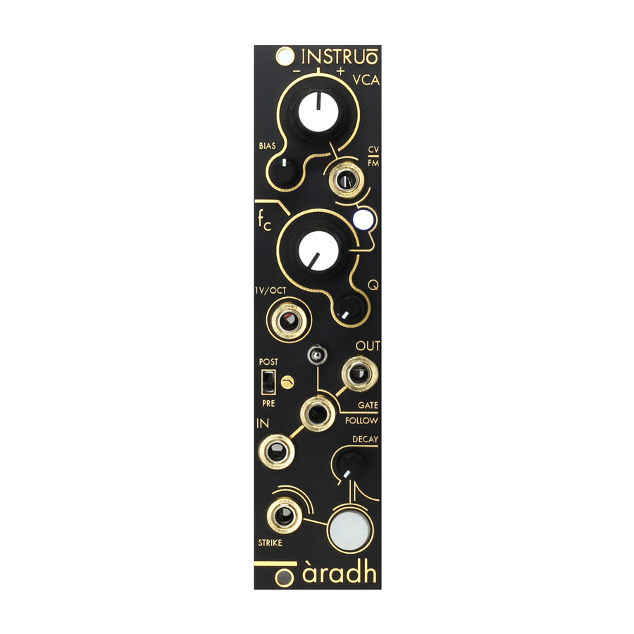 Black Eurorack module with knobs, switches, and multiple 3.5mm jack sockets labeled with control functions.