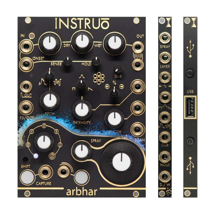 Black eurorack module with multiple knobs, patch points, and a USB port labeled Instruo arbhar.