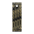 Black Eurorack module with gold and white details featuring multiple 3.5mm jacks, sliders, and knobs.