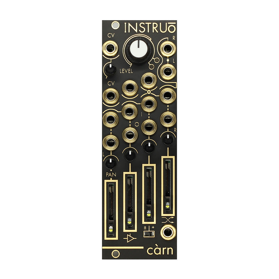 Black Eurorack module with gold and white details featuring multiple 3.5mm jacks, sliders, and knobs.
