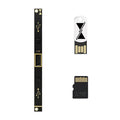 Black expansion panel with USB Type A port alongside a USB flash drive and a microSD card.