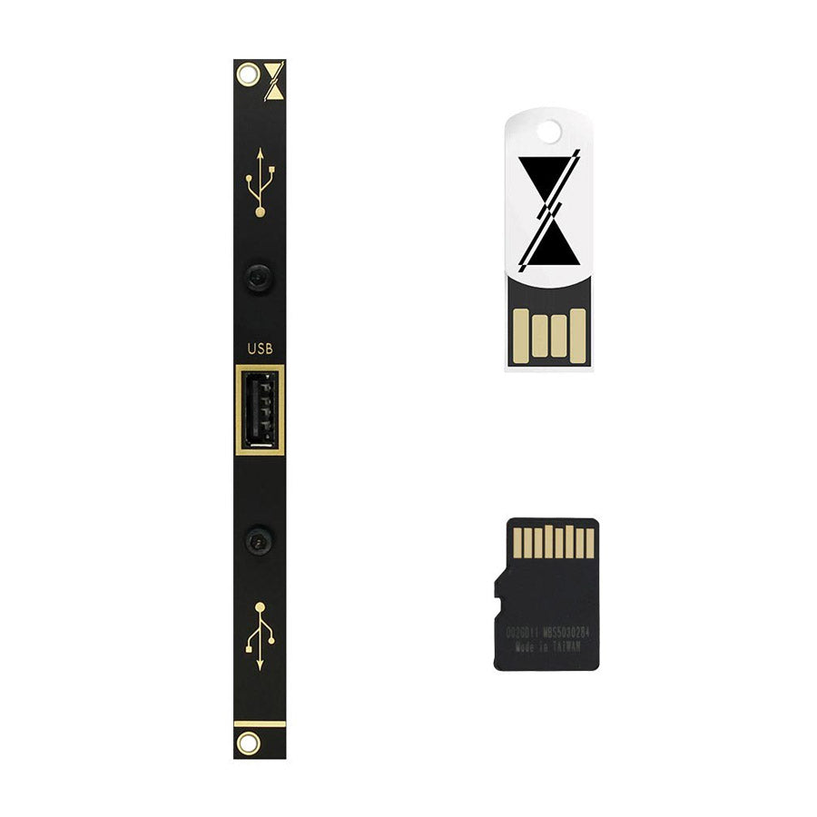 Black expansion panel with USB Type A port alongside a USB flash drive and a microSD card.