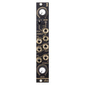 Black compact stereo mixer module with two level knobs and six audio jacks in a Eurorack format.