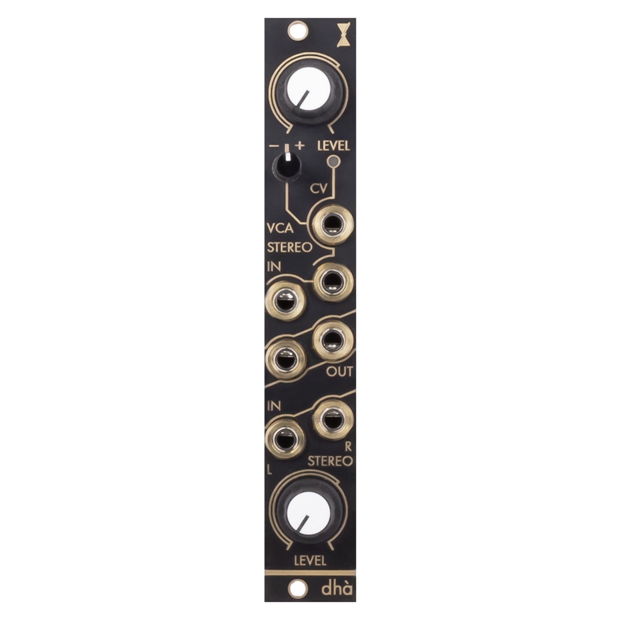 Black compact stereo mixer module with two level knobs and six audio jacks in a Eurorack format.