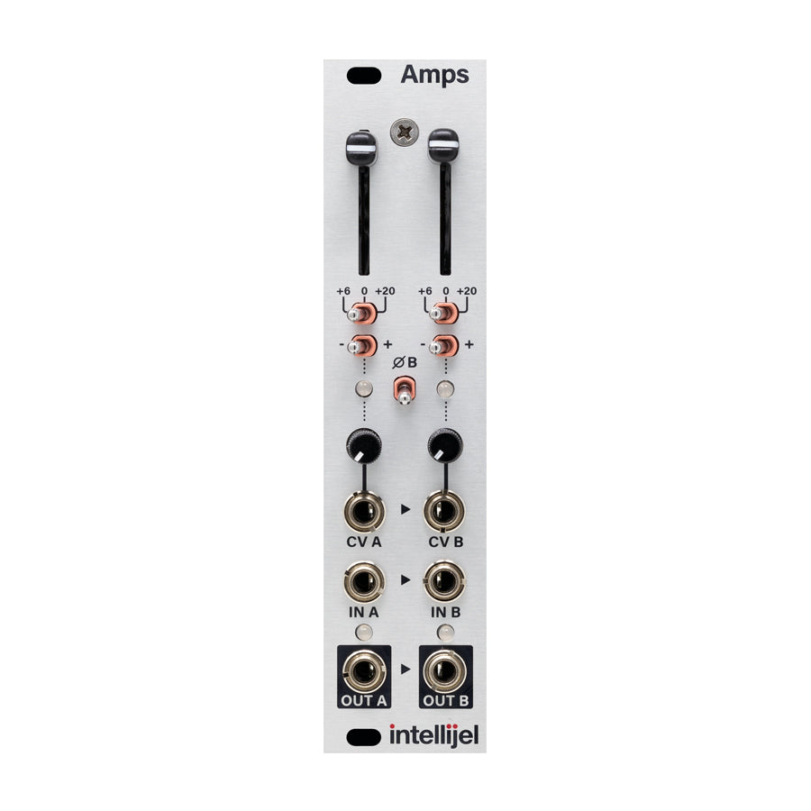 Silver Intellijel Amps Eurorack module with sliders, knobs, and multiple 3.5mm jacks on front panel.