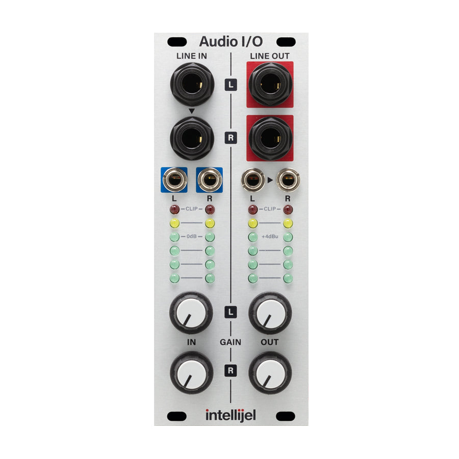 Audio I/O eurorack module with line in and line out jacks, LED level indicators, and four rotary gain knobs.