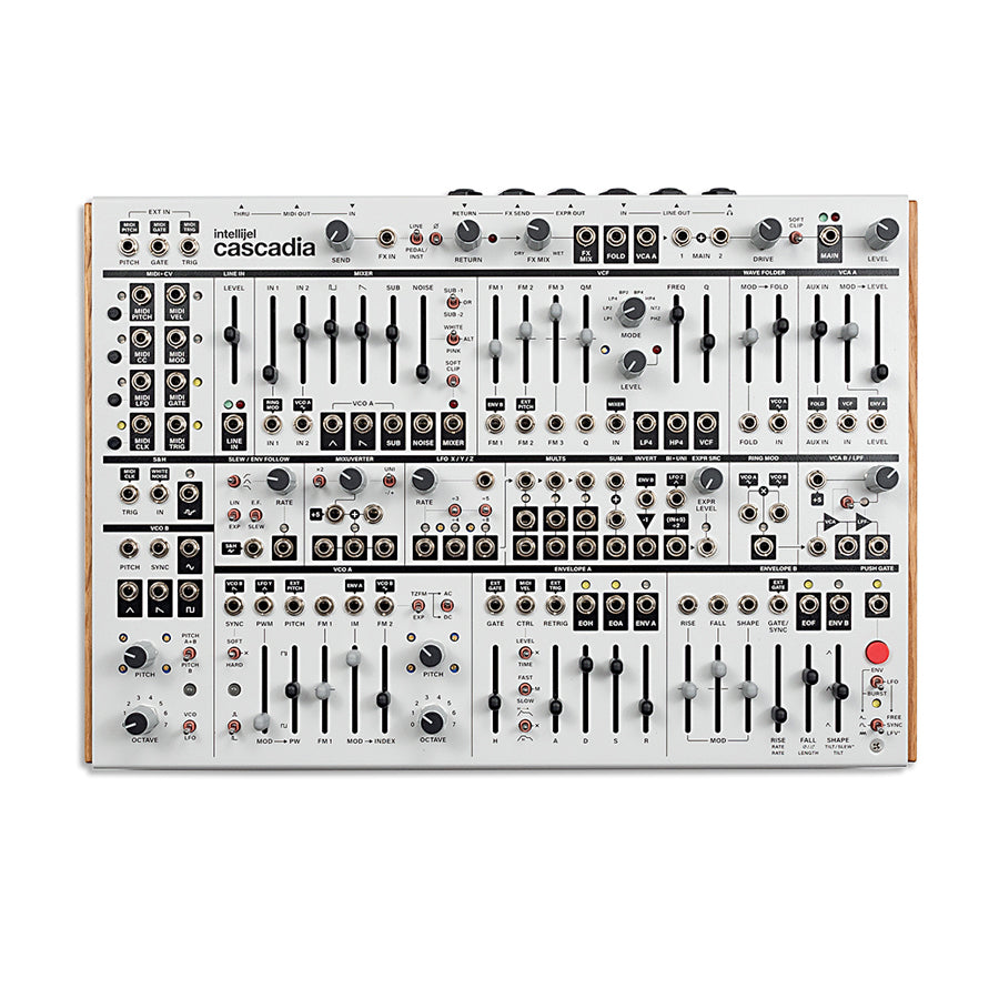 Top view of Intellijel Cascadia synthesizer module with multiple knobs, faders, buttons, and 1/8 inch audio and MIDI ports