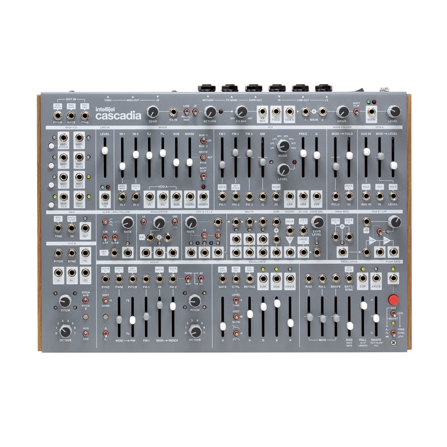 Top view of Intellijel Cascadia modular synthesizer with various knobs, sliders, switches, and patch jacks.