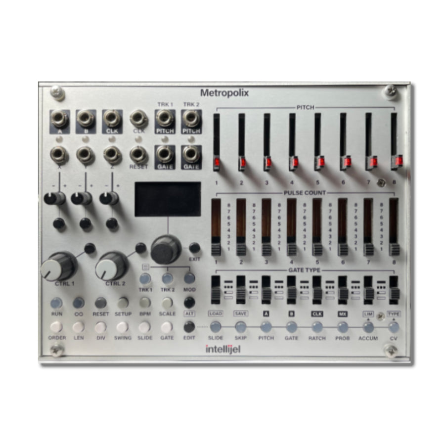 Top view of a white Intellijel Metropolix modular synthesizer module with sliders, knobs, buttons, and jack inputs.