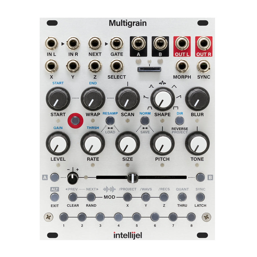 Front view of Intellijel Multigrain eurorack module with multiple knobs, buttons, jacks and a slider.