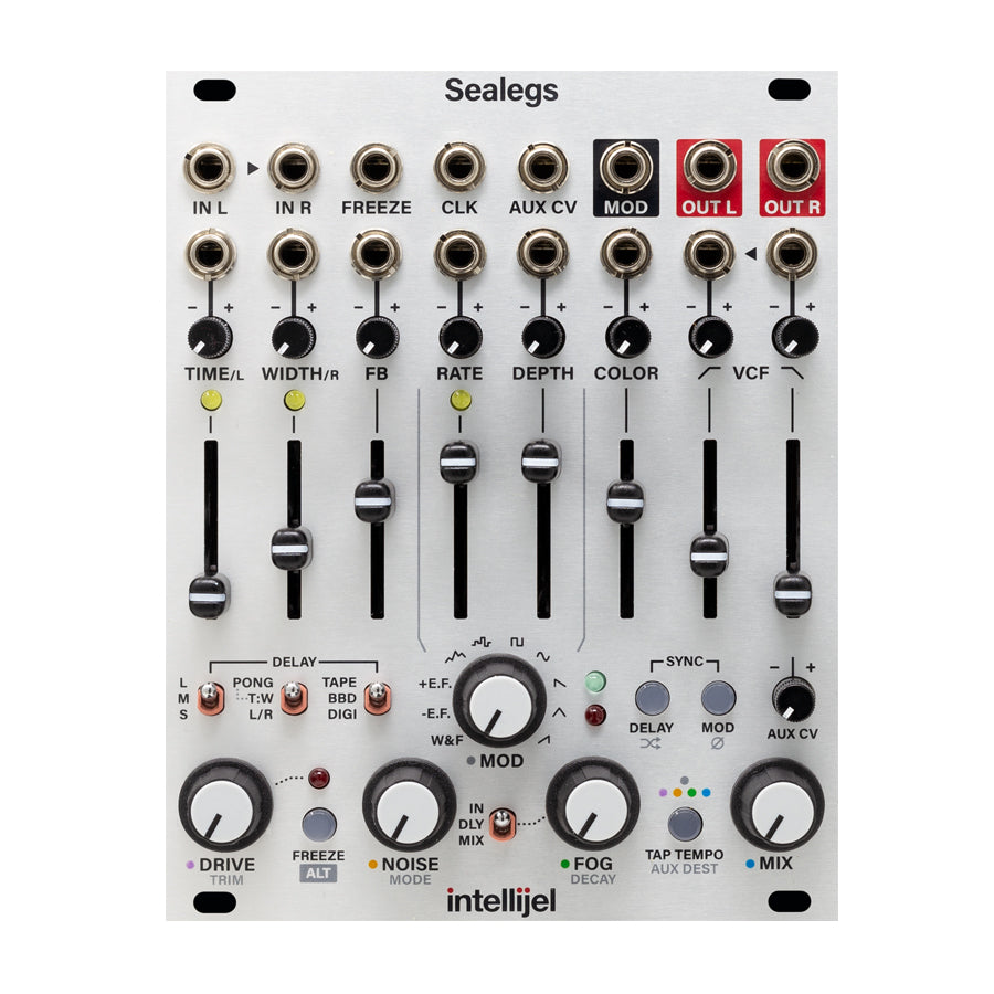 Intellijel Sealegs eurorack module with multiple knobs, faders, switches, and 3.5mm audio jacks on silver panel.