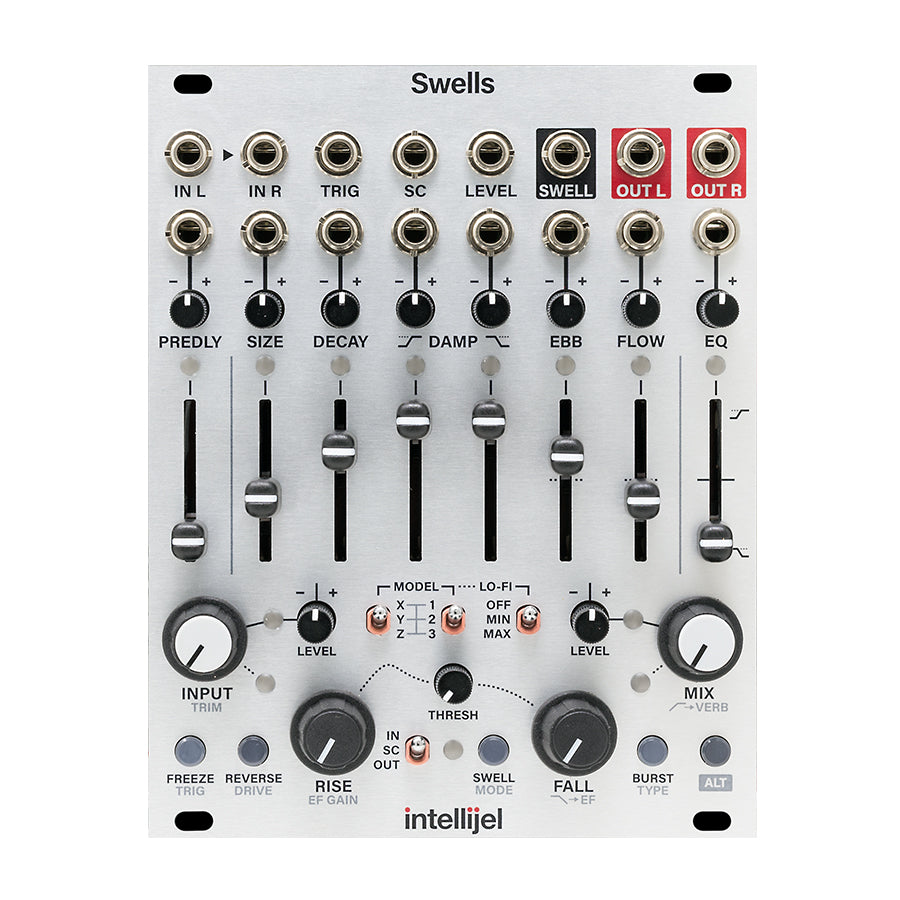 Intellijel Swells eurorack module with multiple knobs, sliders, switches, and jacks on a silver panel.