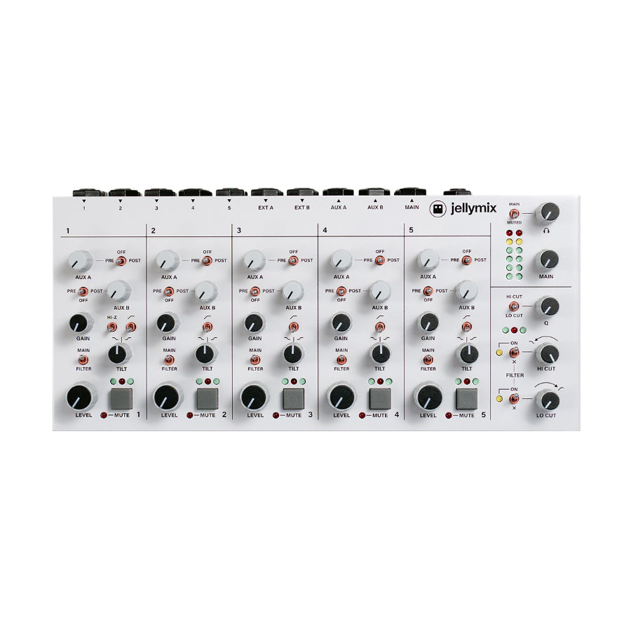 White audio mixer with five input channels, multiple knobs, toggles, mute buttons, and LED level meters on top panel.