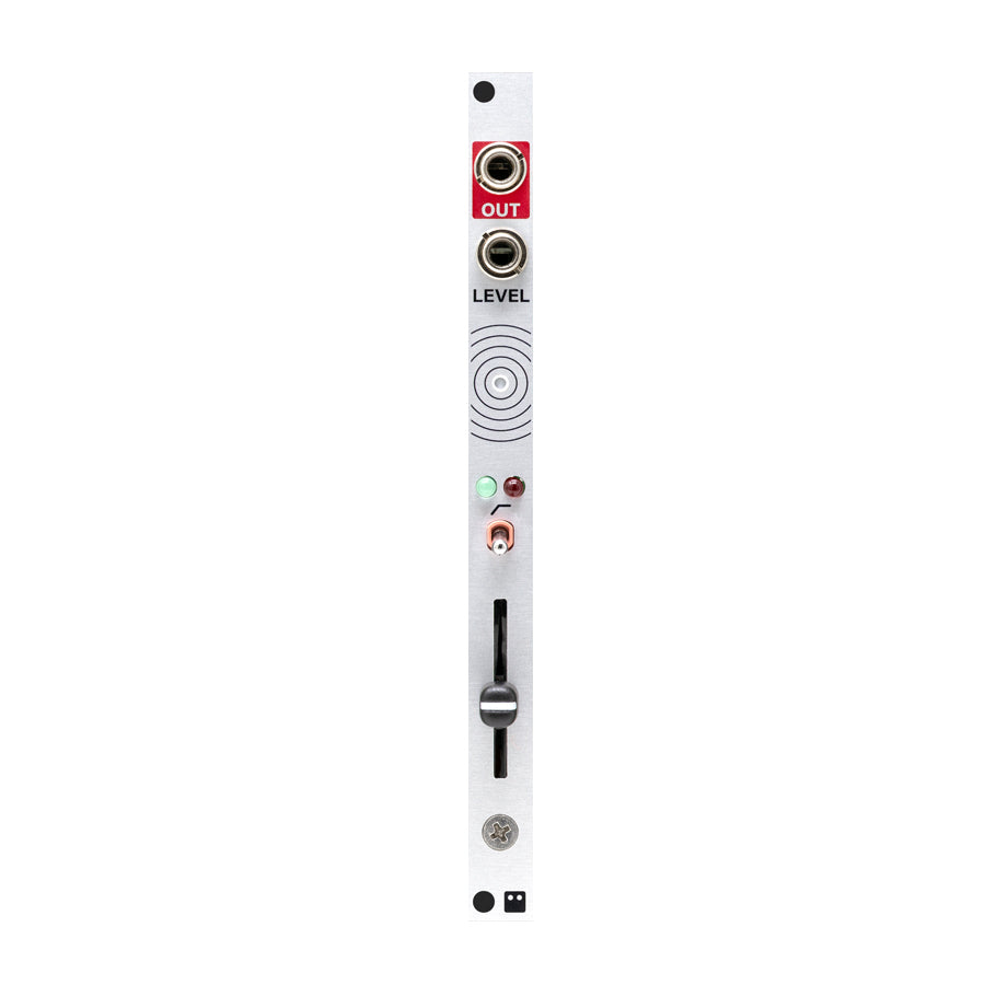 Narrow silver metal audio module with two input/output jacks, slider, toggle switch, and two LEDs.