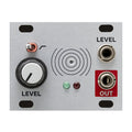 Silver electronic module with a rotary knob, toggle switch, two 1/4 inch jacks, and two indicator LEDs.
