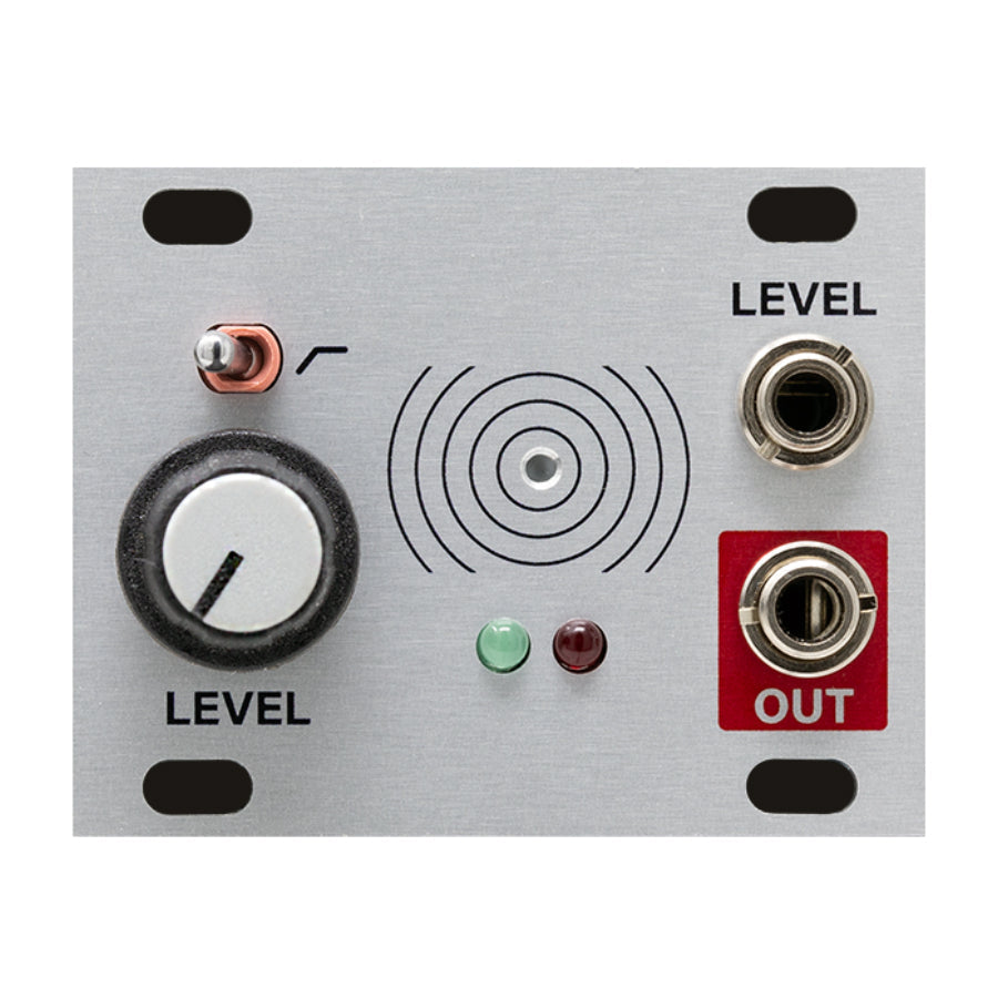 Silver electronic module with a rotary knob, toggle switch, two 1/4 inch jacks, and two indicator LEDs.