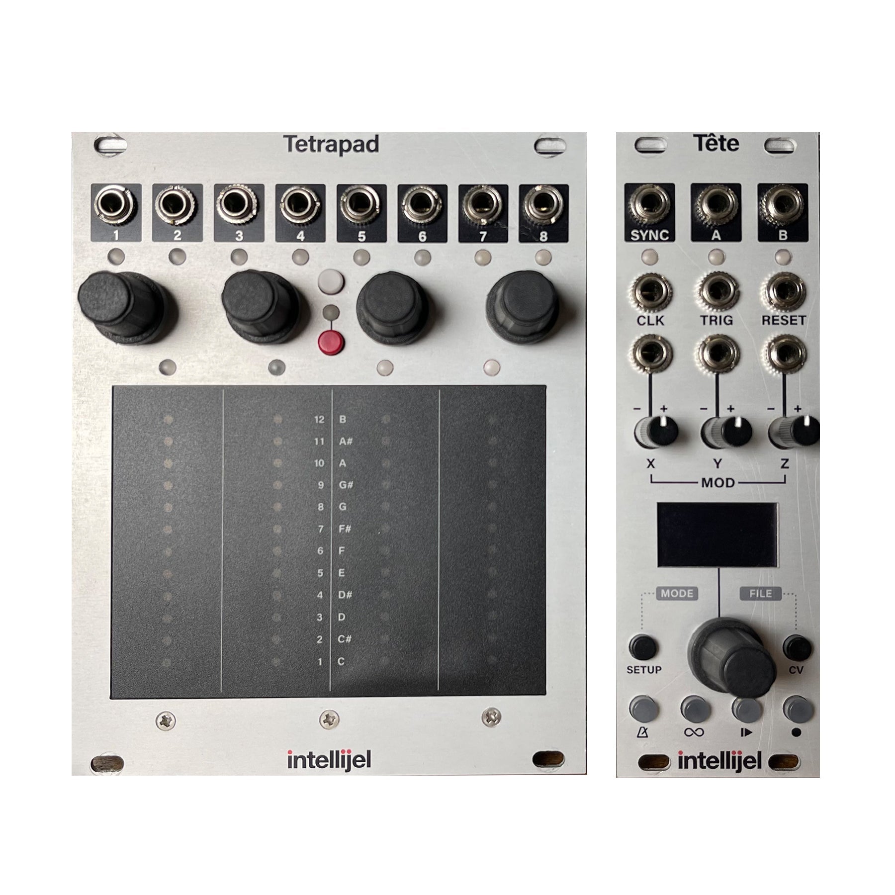 Two Intellijel Eurorack modules labeled Tetrapad and Tête with knobs, buttons, jacks, and a touchpad surface.