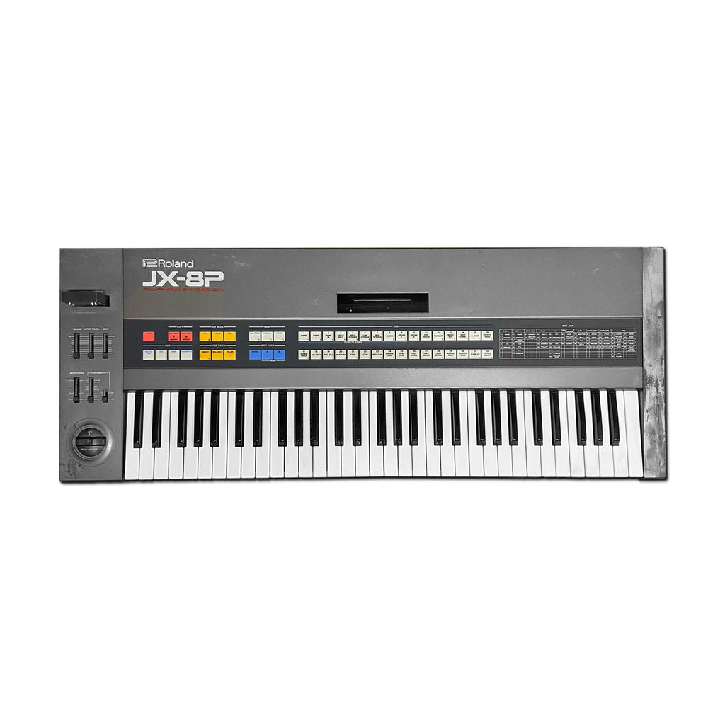 Roland JX-8P polyphonic synthesizer keyboard with sliders, buttons, and joystick control on top panel.