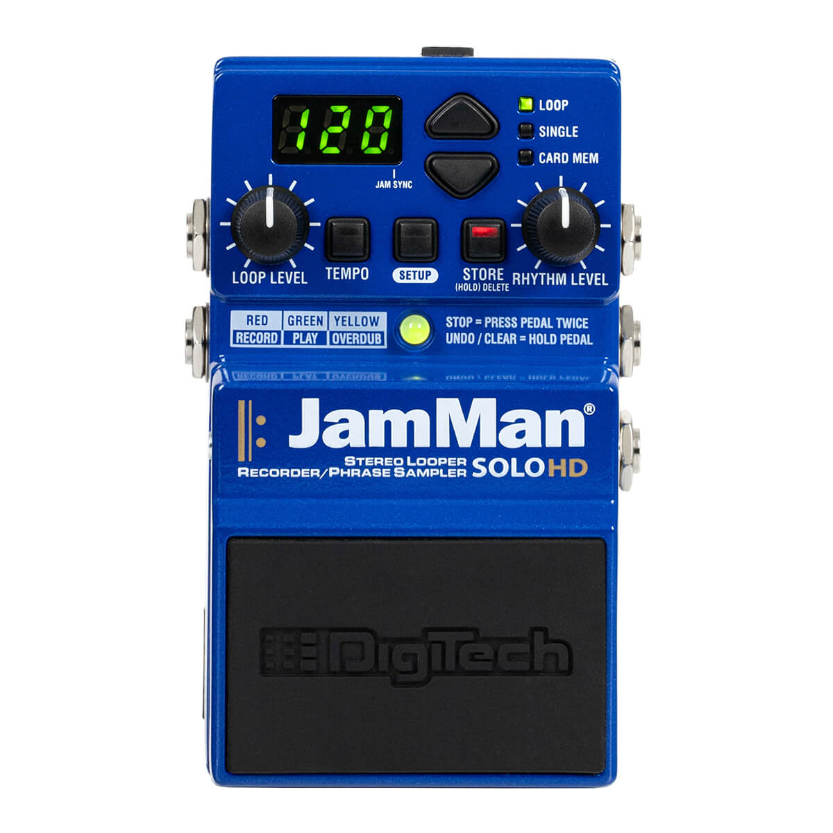 Blue DigiTech JamMan Solo HD stereo looper pedal with knobs, buttons, digital display, and footswitch.