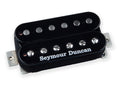 Black humbucker guitar pickup with six adjustable pole pieces and 'Seymour Duncan' printed on one coil.