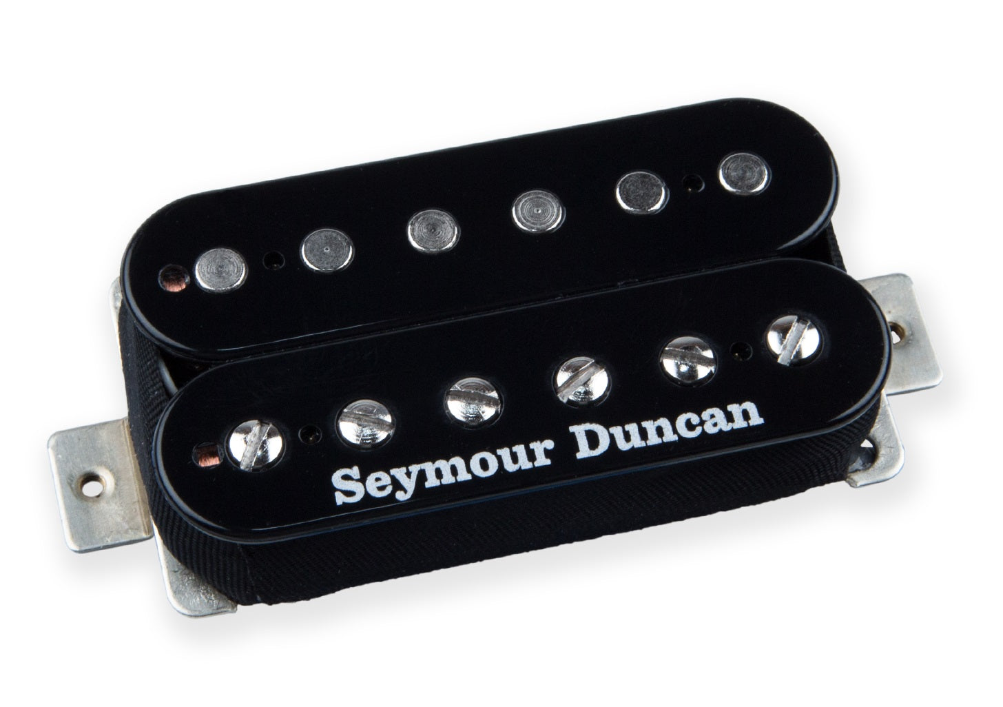 Black humbucker guitar pickup with six adjustable pole pieces and 'Seymour Duncan' printed on one coil.